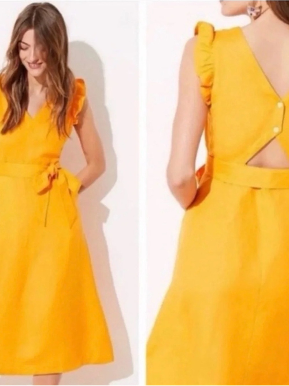 LOFT Yellow Ruffle Sleeve Midi Dress